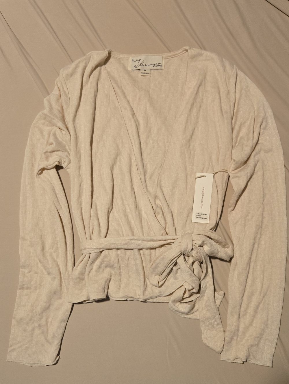 Vintage Havana Cream Wrap-Front Blouse with Tie